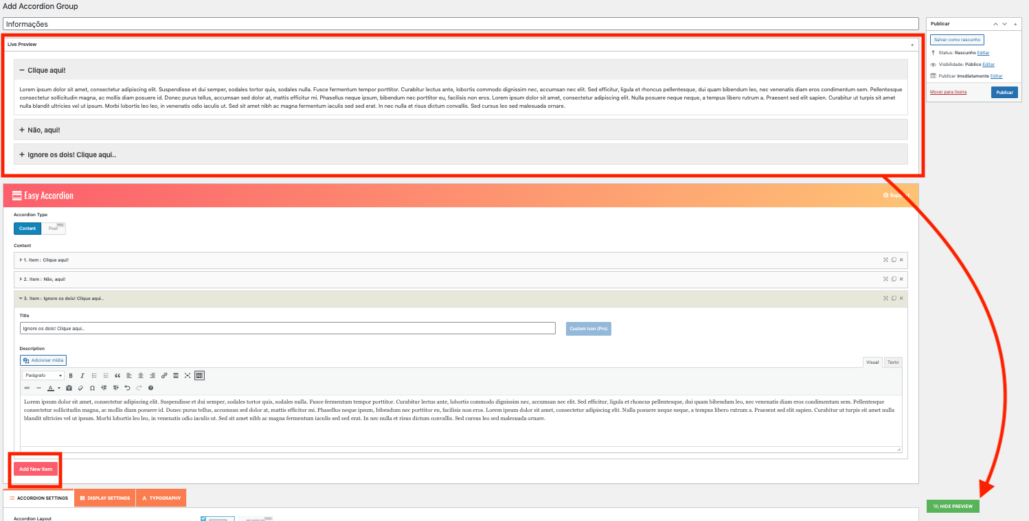 Campo criar accordion preenchido
