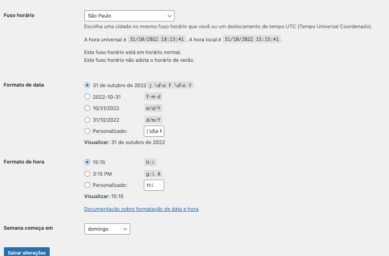 Configura��es de data e horar