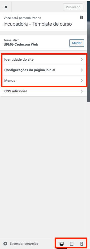 Menu de Personalizar