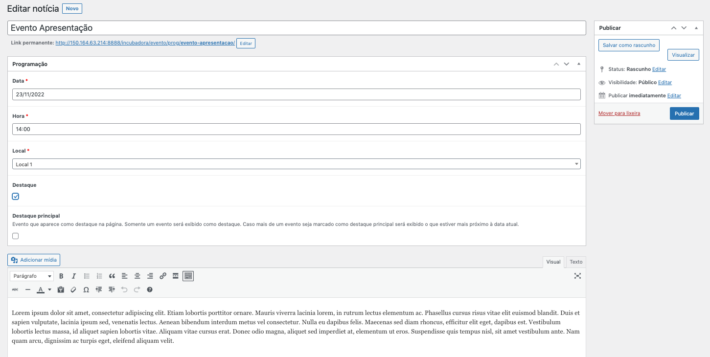 Campo criar programacao preenchido