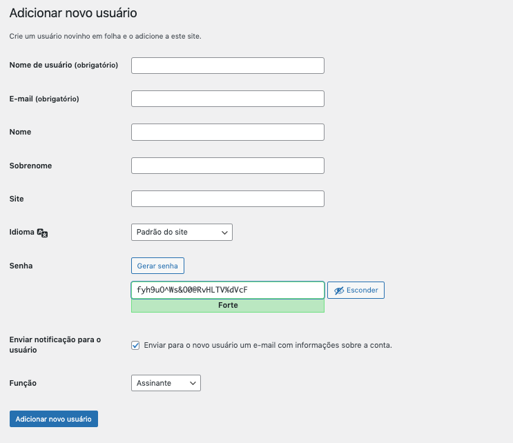 P�gina criar usu�rios