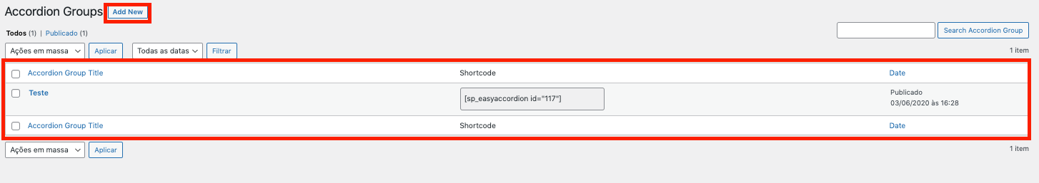 Visão geral página de accordion