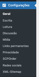 Menu Localizado Configurações