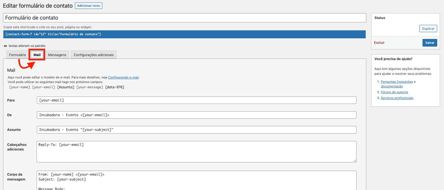 Menu mail de contatos
