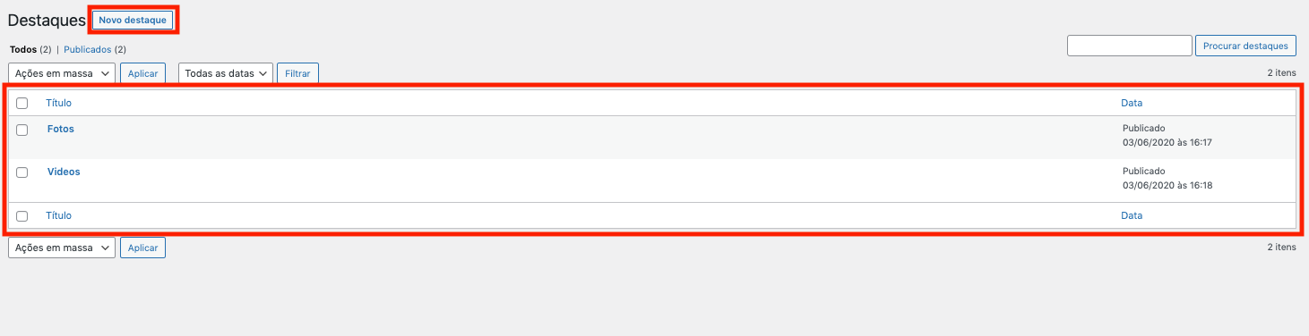 Visão geral página de destaque principal