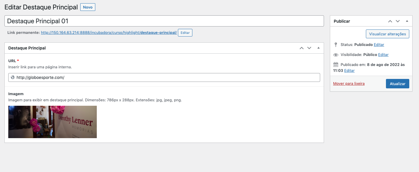 Visão geral pagina edição destaque principal