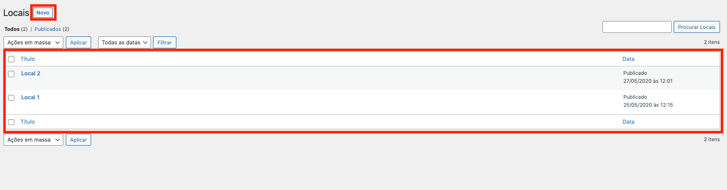 Visão geral página de locais