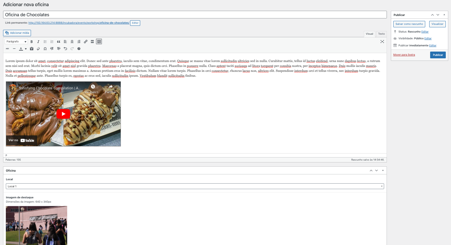 Campo criar oficinas preenchido