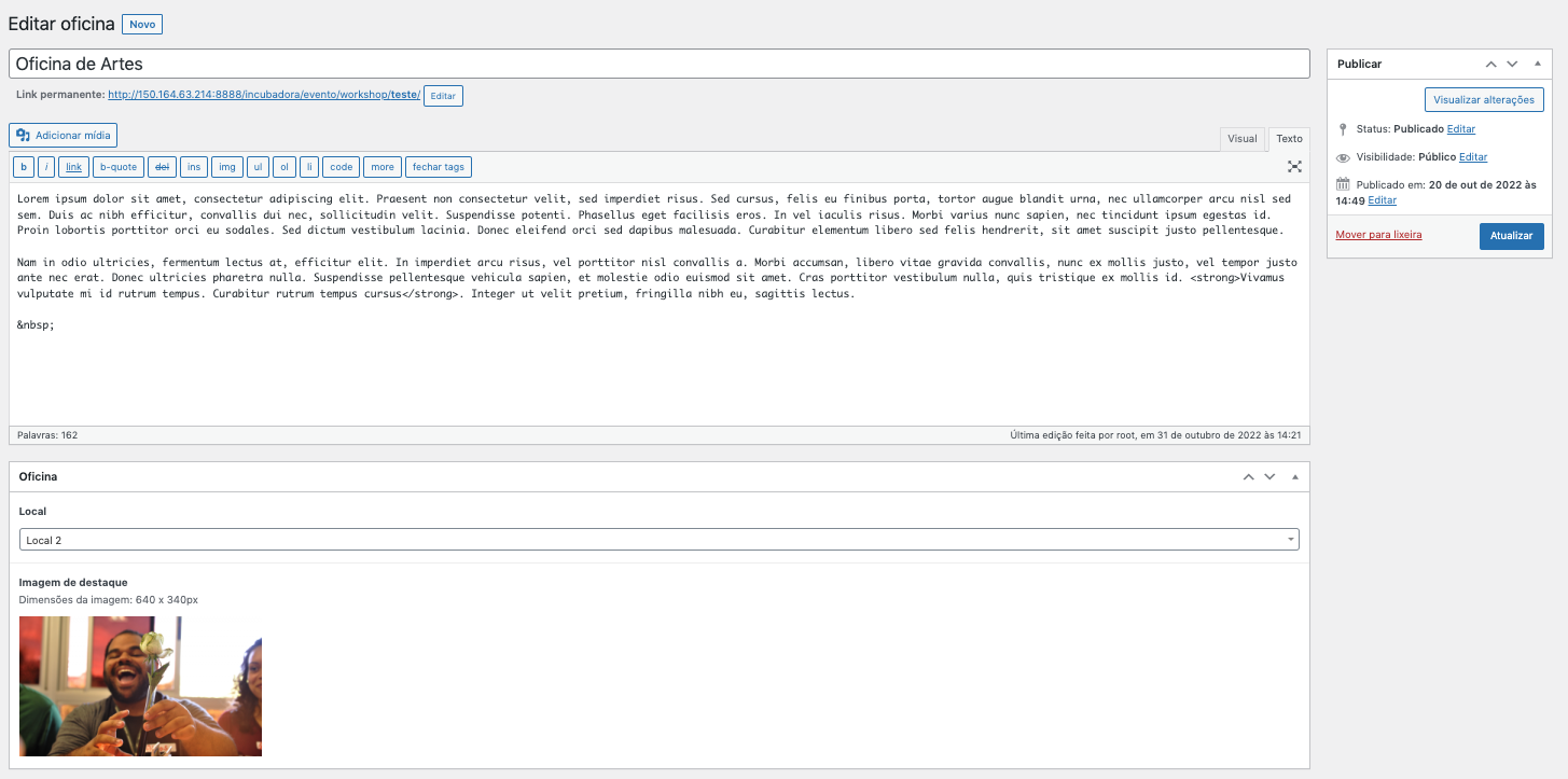 Visão geral pagina edição oficina