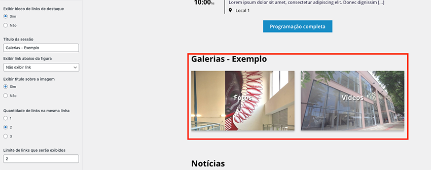 Interface Links de Destaque