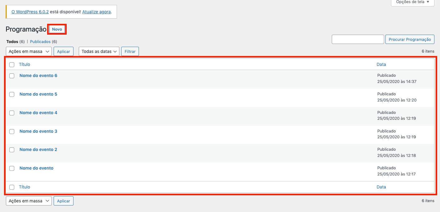 Visão geral página de programacao