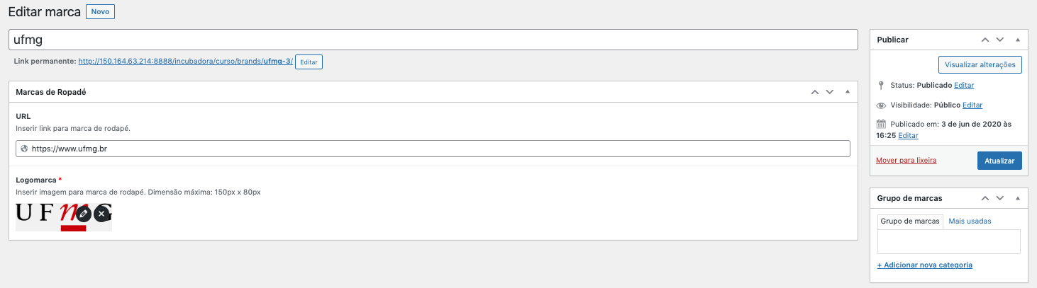 Visão geral pagina edição rodapé