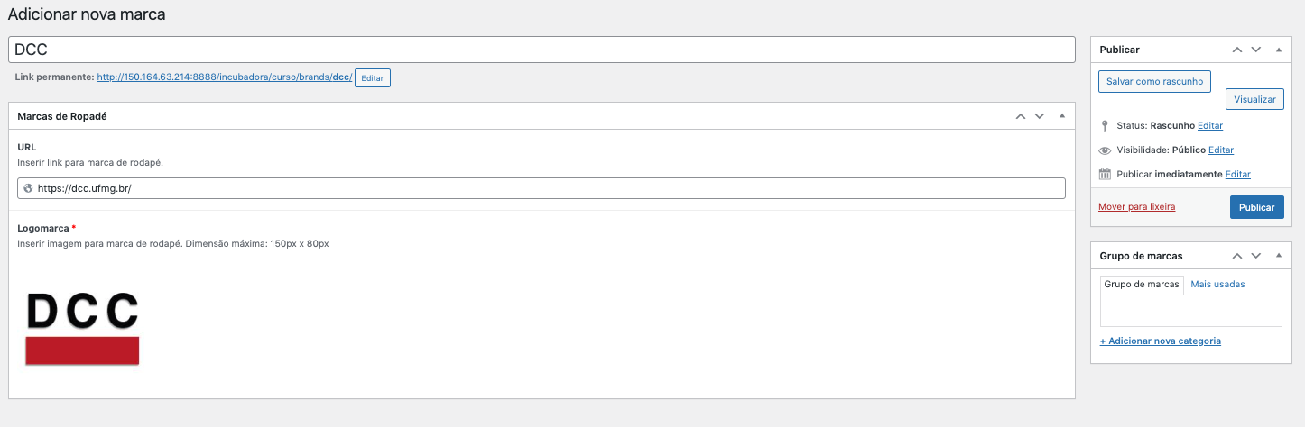 Página criar rodapés preenchida