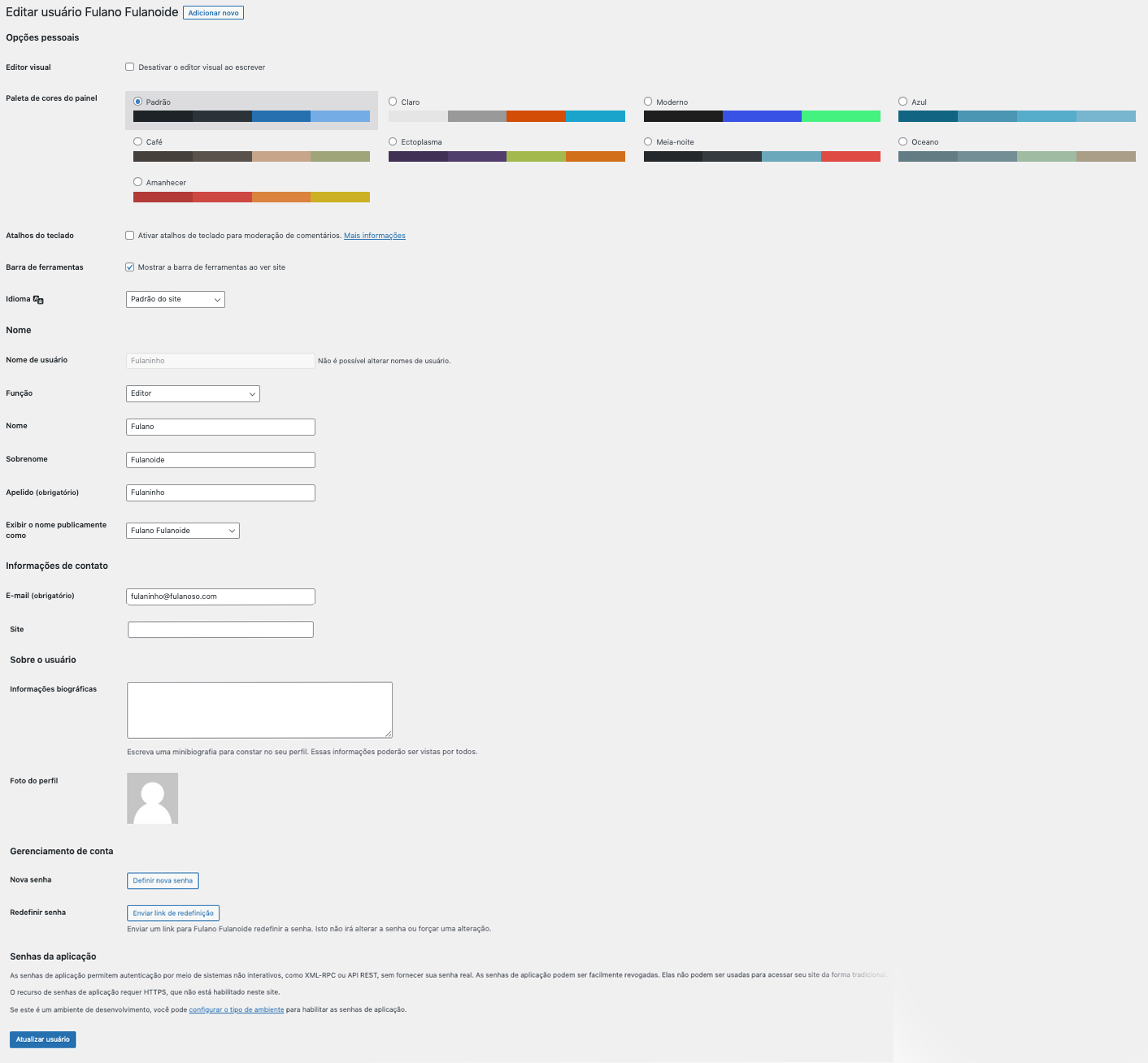 Visão geral pagina edição usuários