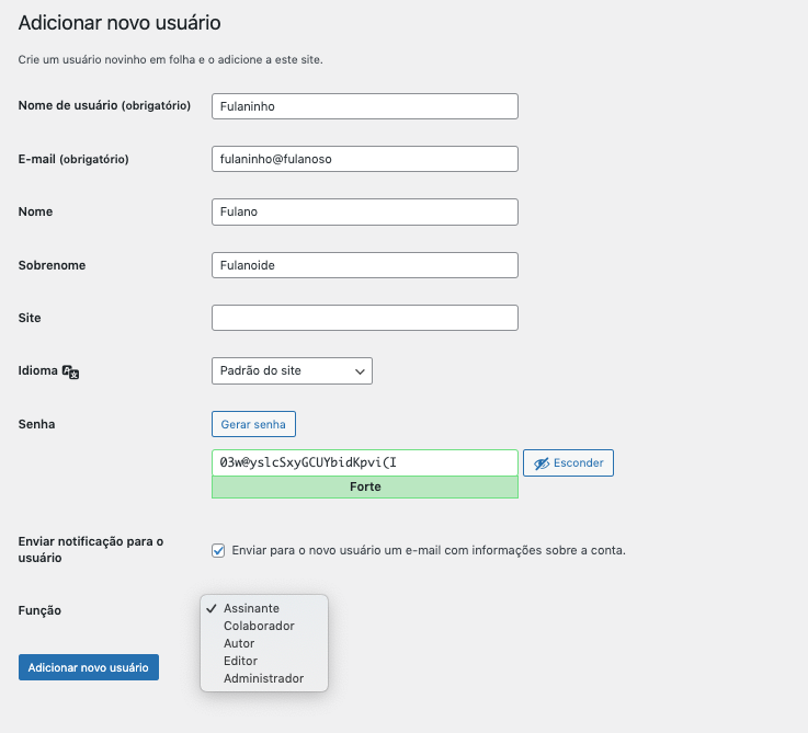 Página criar usuários preenchida